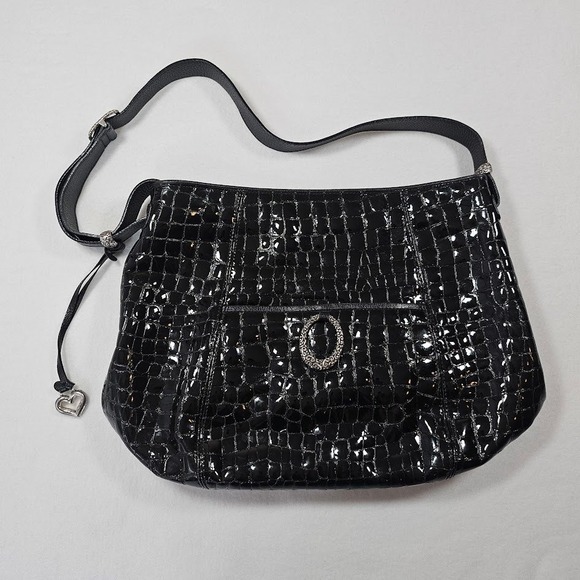 Brighton Handbags - Brighton Black Croc Embossed Patent Leather Shoulder Bag Hobo Silver Western
